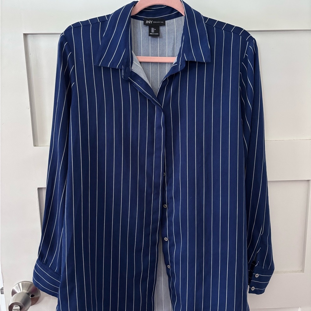 Jones New York Navy and White Striped Shirt